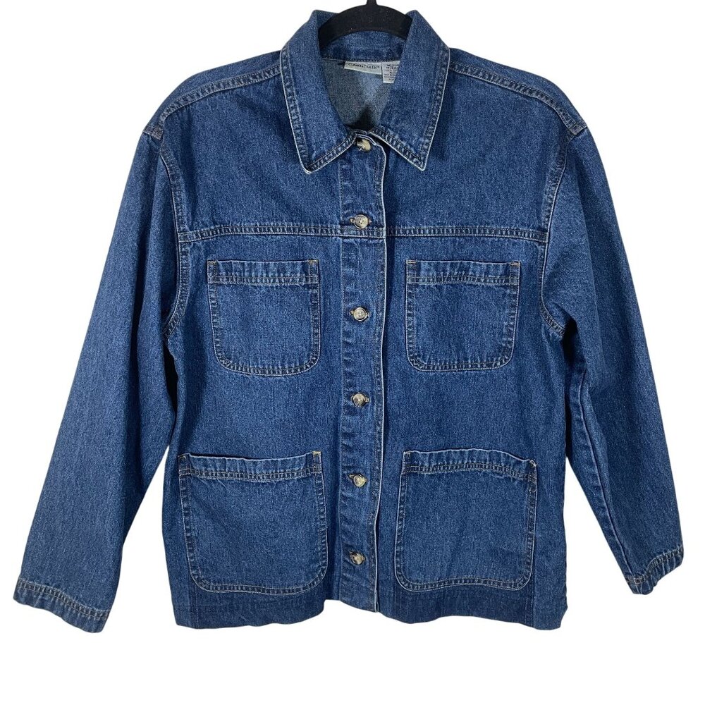 Cabin Creek Embroidered Button Up Denim Chore Jacket Utility Barn Women M Blue